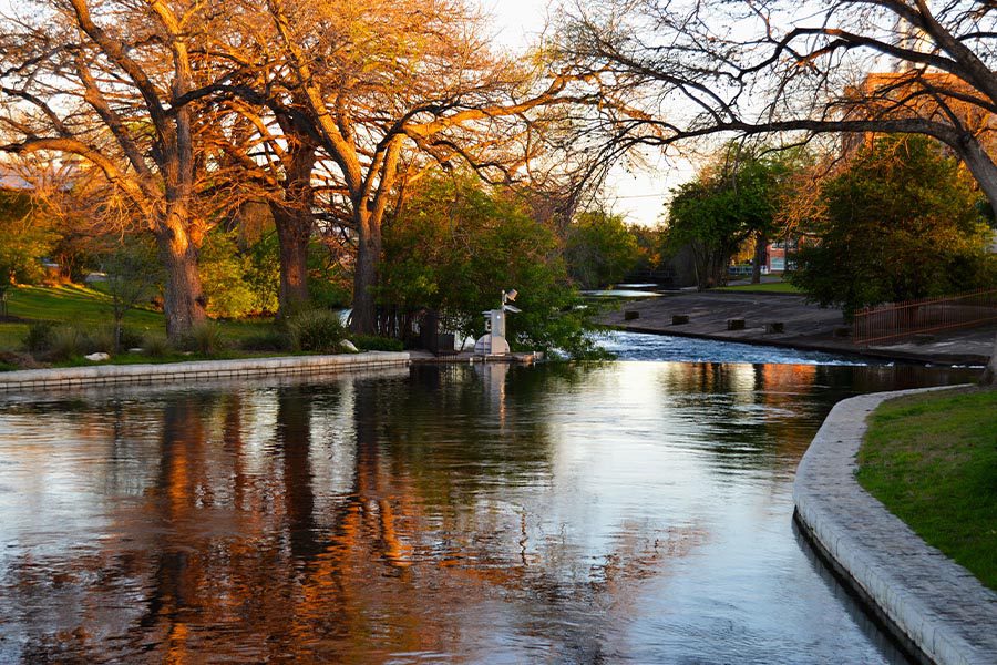 New Braunfels, TX - View of Fall Nature and Stream at Landa Park in New Braunfels, Texas at Dusk